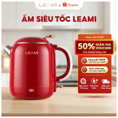 Ấm Siêu Tốc Leami LEA KT1202 Dung Tích 1,2L Inox 304 An Toàn Với 2 Lớp Cách Nhiệt