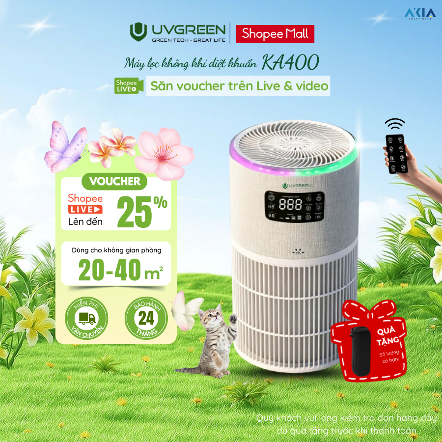 Máy Lọc Không Khí phòng 40m2 UVGREEN KA400 | Diệt Khuẩn nấm mốc, Lọc bụi siêu mịn, Chạy siêu êm