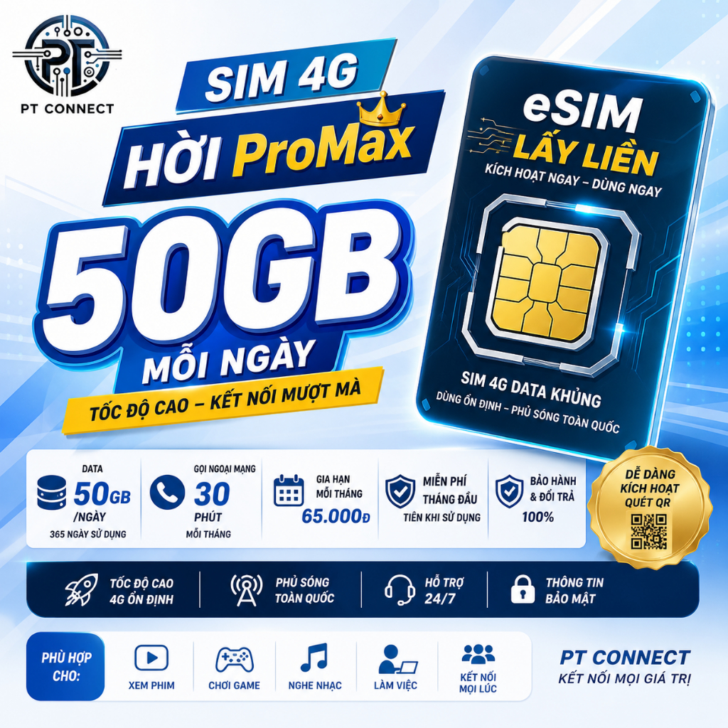 Sim 4G 50GB/Ngày Vietnamobile – Hời ProMax – Kích Hoạt Nhanh, eSIM Lấy Liền