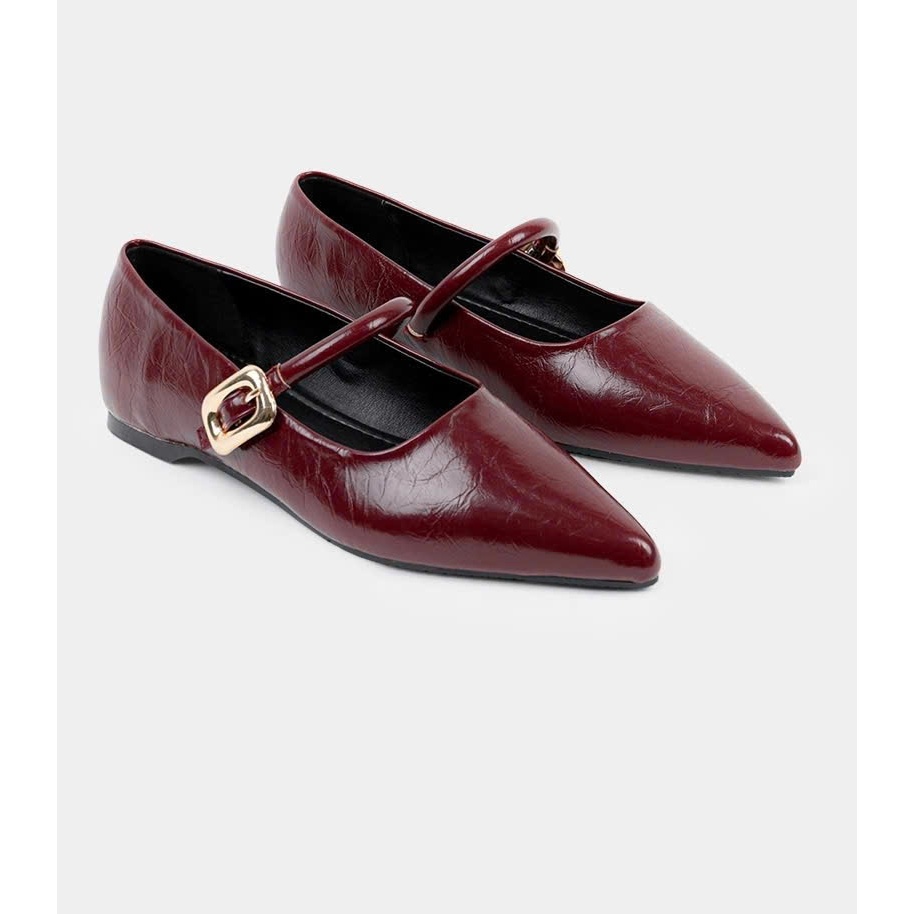 Giày búp bê nữNCSHOES  mũi nhọn phối quai ngang kiểu dáng đơn giản cao 2cm màu đỏ đô - E77