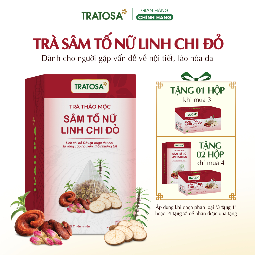 Trà sâm tố nữ linh chi đỏ Đà Lạt TRATOSA 8 vị tốt cho nội tiết tố, làm đẹp an toàn từ thiên nhiên