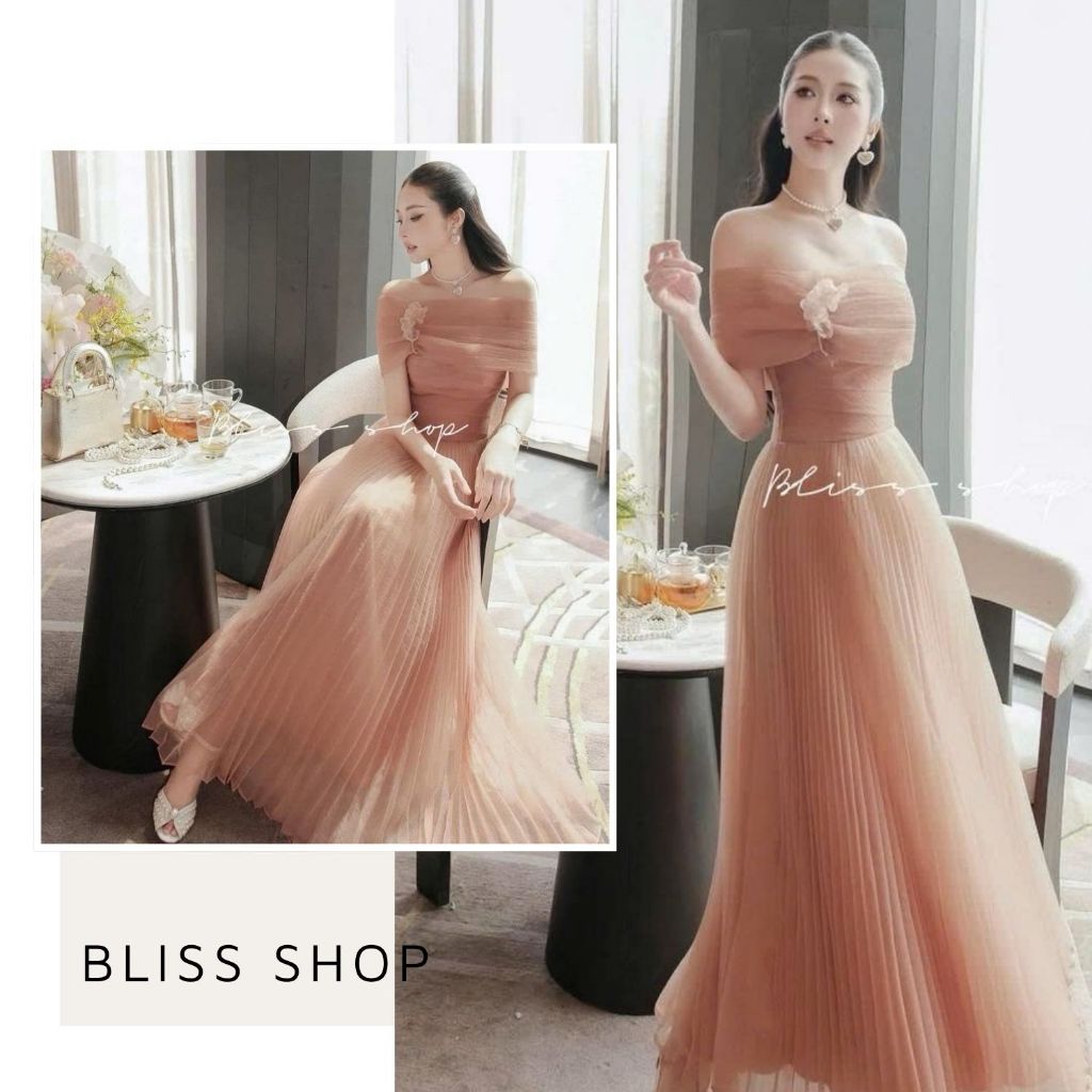 [Thiết Kế Cao Cấp] Đầm Váy Trễ Vai Đính Hoa Form Dài Dập Ly Nhẹ Nhàng Tôn Dáng Bliss Shop - V829