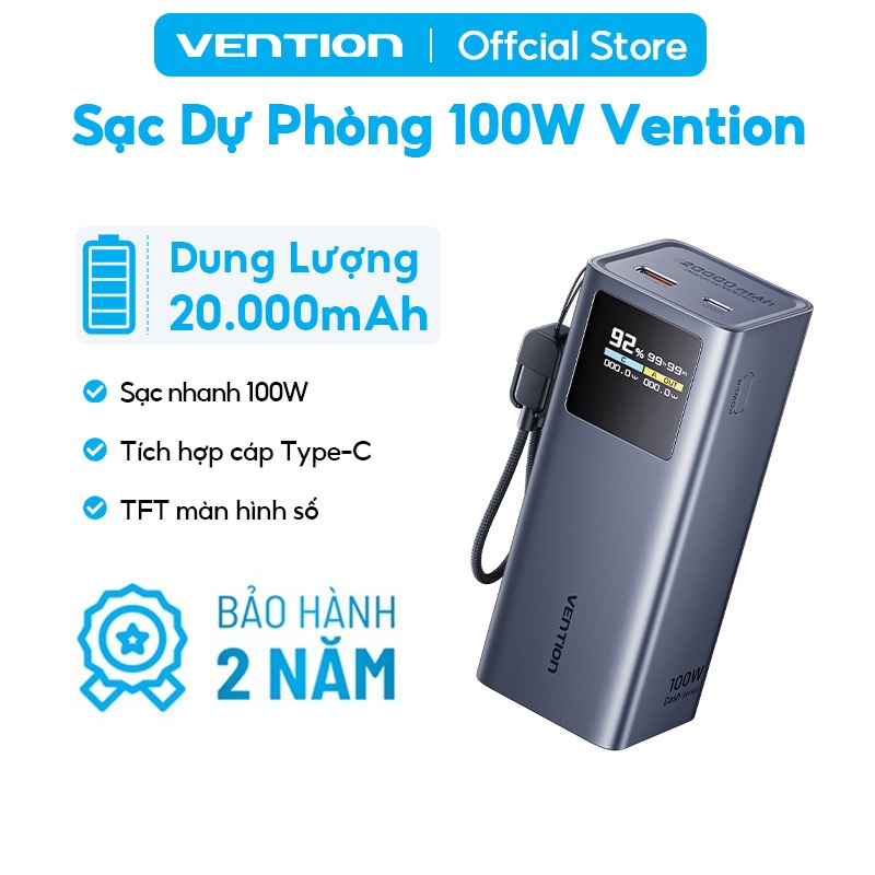 Pin Sạc Dự Phòng 20000mAh 100W Vention PD3.0, Màn Hình TFT  Hiển Thị Thông Số, Có Sẵn Cáp USB-C | BigBuy360 - bigbuy360.vn