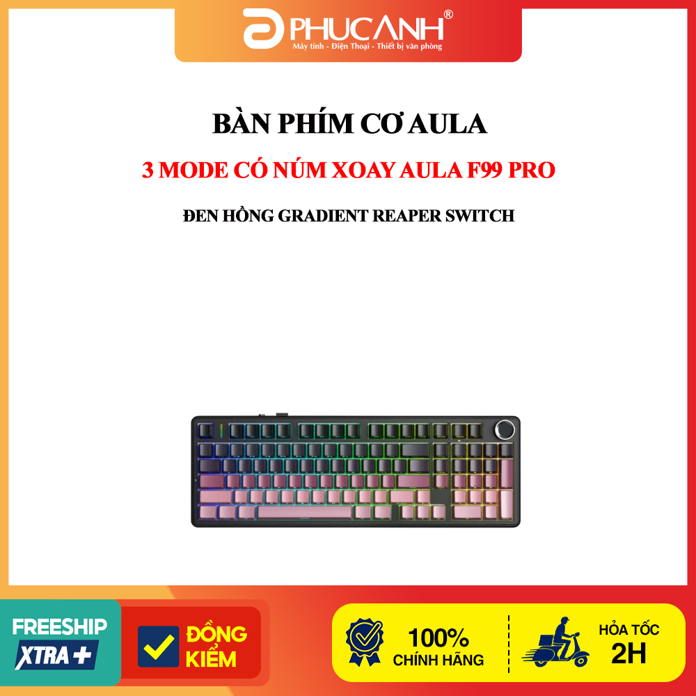 Bàn phím cơ Aula 3 mode có núm xoay AULA F99 Pro đen hồng gradient Reaper switch