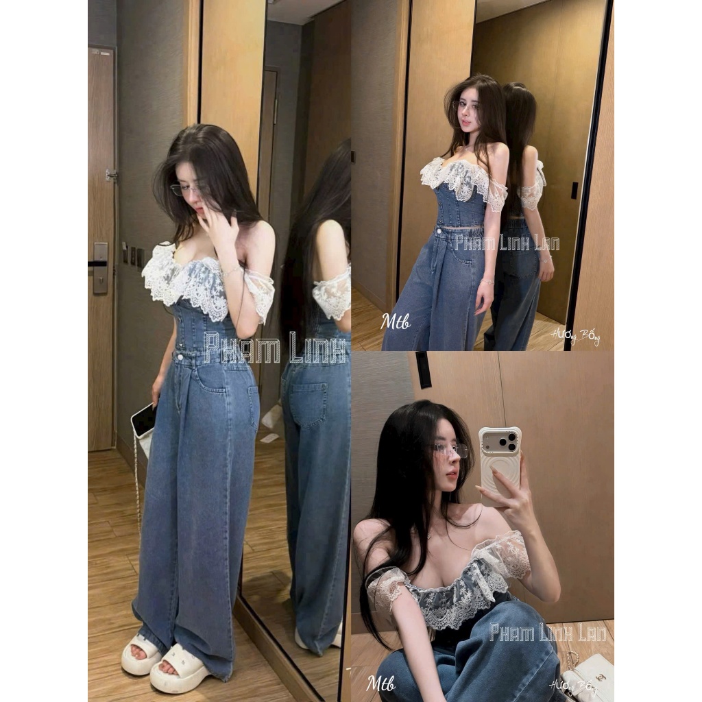 Set bộ jeans thời trang nữ áo hai dây viền ren phối quần ống rộng phong cách nữ tính sexy dành cho c