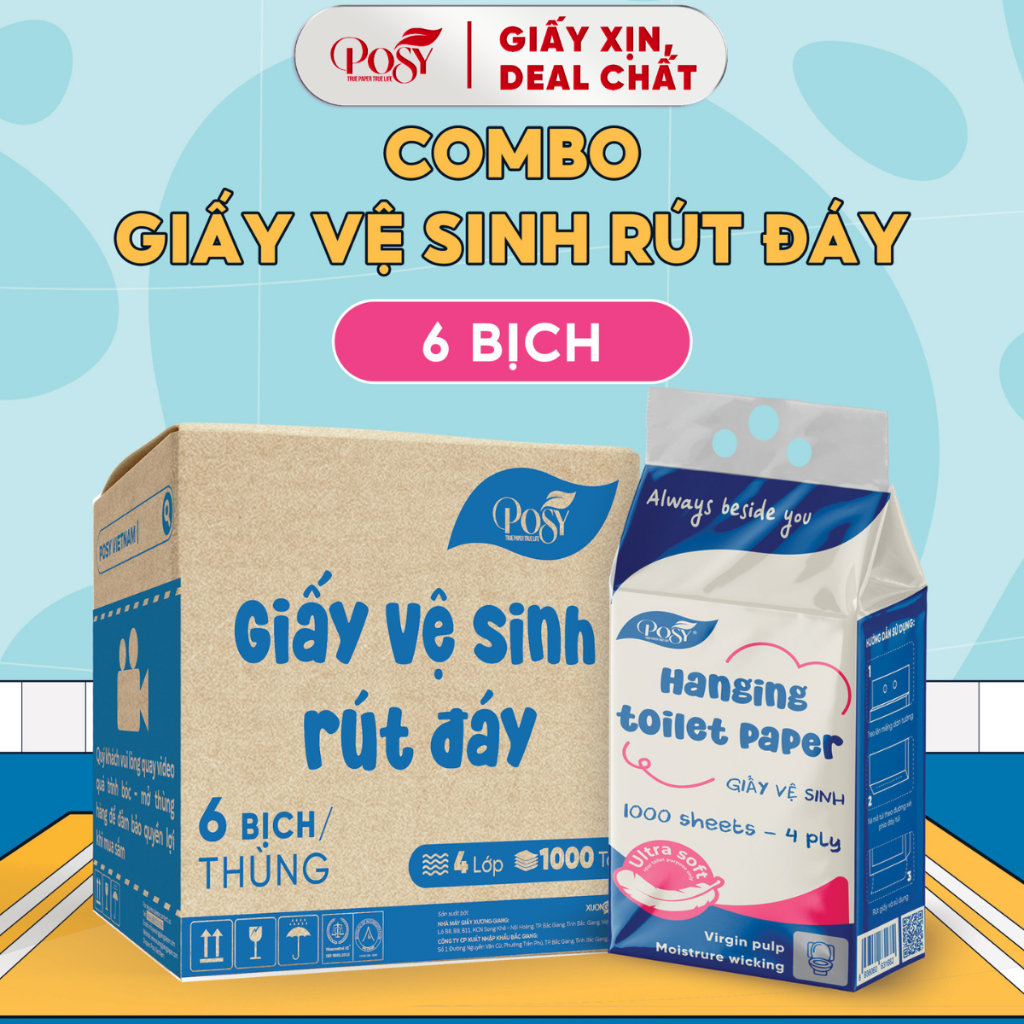POSY-S4-[DEAL MỞ BÁN]_Thùng 6 bịch giấy vệ sinh rút đáy Posy 1000 tờ 4 lớp mềm dai , thấm hút và an 