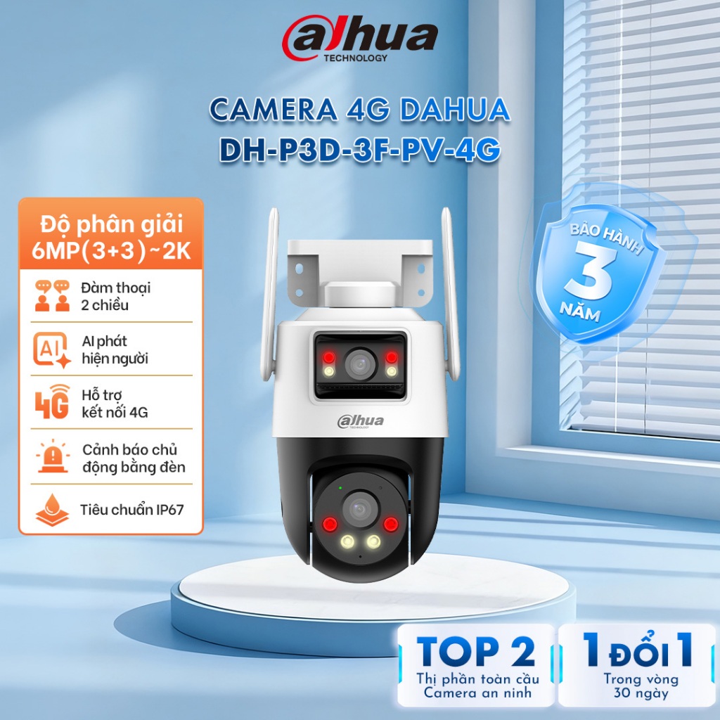 Camera IP 4G Ngoài Trời Dahua Picoo Dual D1 2 Mắt Kép 6MP, Chống nước IP66 , Có màu ban đêm,DH-P3D-3
