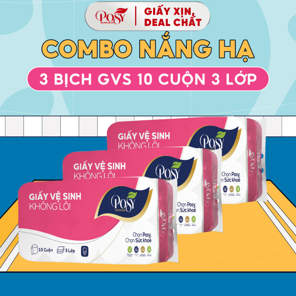 COMBO NẮNG HẠ -  Combo 03 Bịch Giấy vệ sinh Posy 10 cuộn 3 lớp, giấy vệ sinh mềm mịn, tiết kiệm