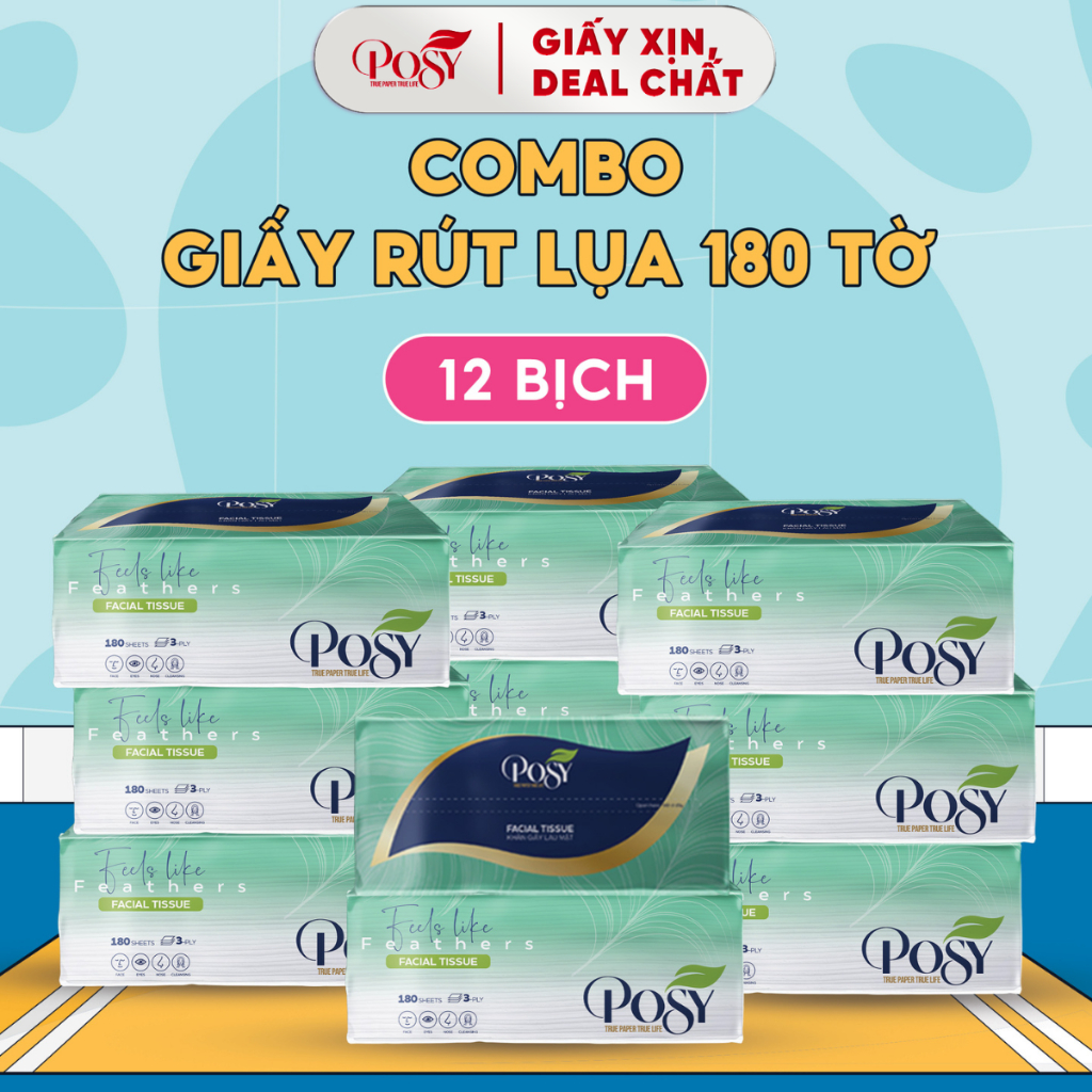 POSY-S4- COMBO HỨNG KHỞI_ THÙNG 12 GÓI GIẤY LỤA POSY 180 TỜ 3 LỚP MỀM MẠI ÊM ÁI LAU TRÊN DA