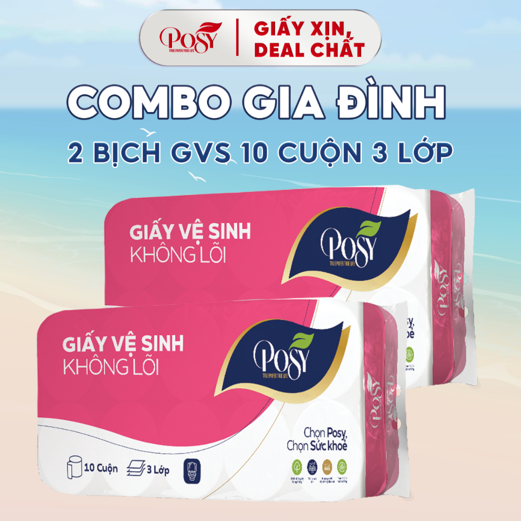 [COMBO GIA ĐÌNH]  - 2 bịch Giấy vệ sinh Posy 10 cuộn 3 lớp không lõi/có lõi mềm, DỄ TAN TRONG NƯỚC,
