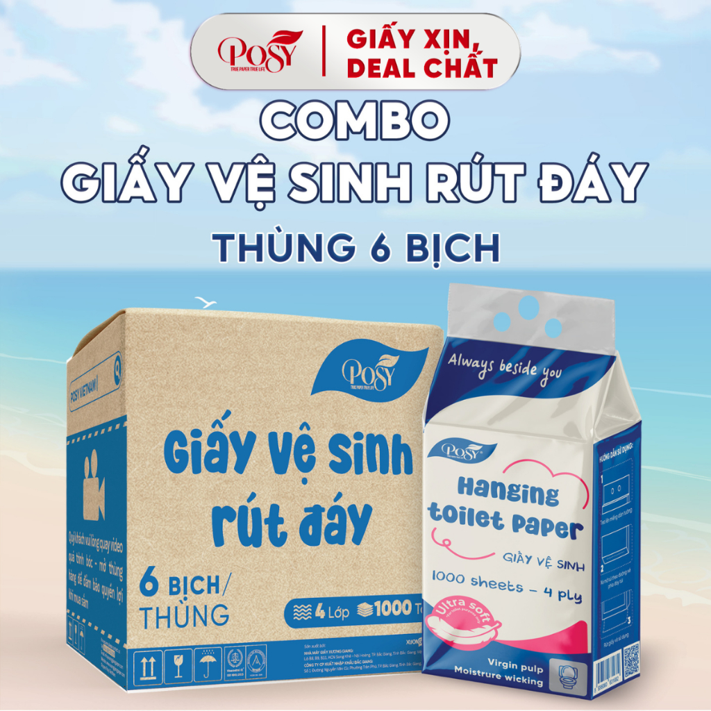 [GIÁ DÙNGTHỬ] S5_Thùng 6 bịch giấy vệ sinh rút đáy Posy 1000 tờ 4 lớp mềm dai, thấm hút và an toàn c