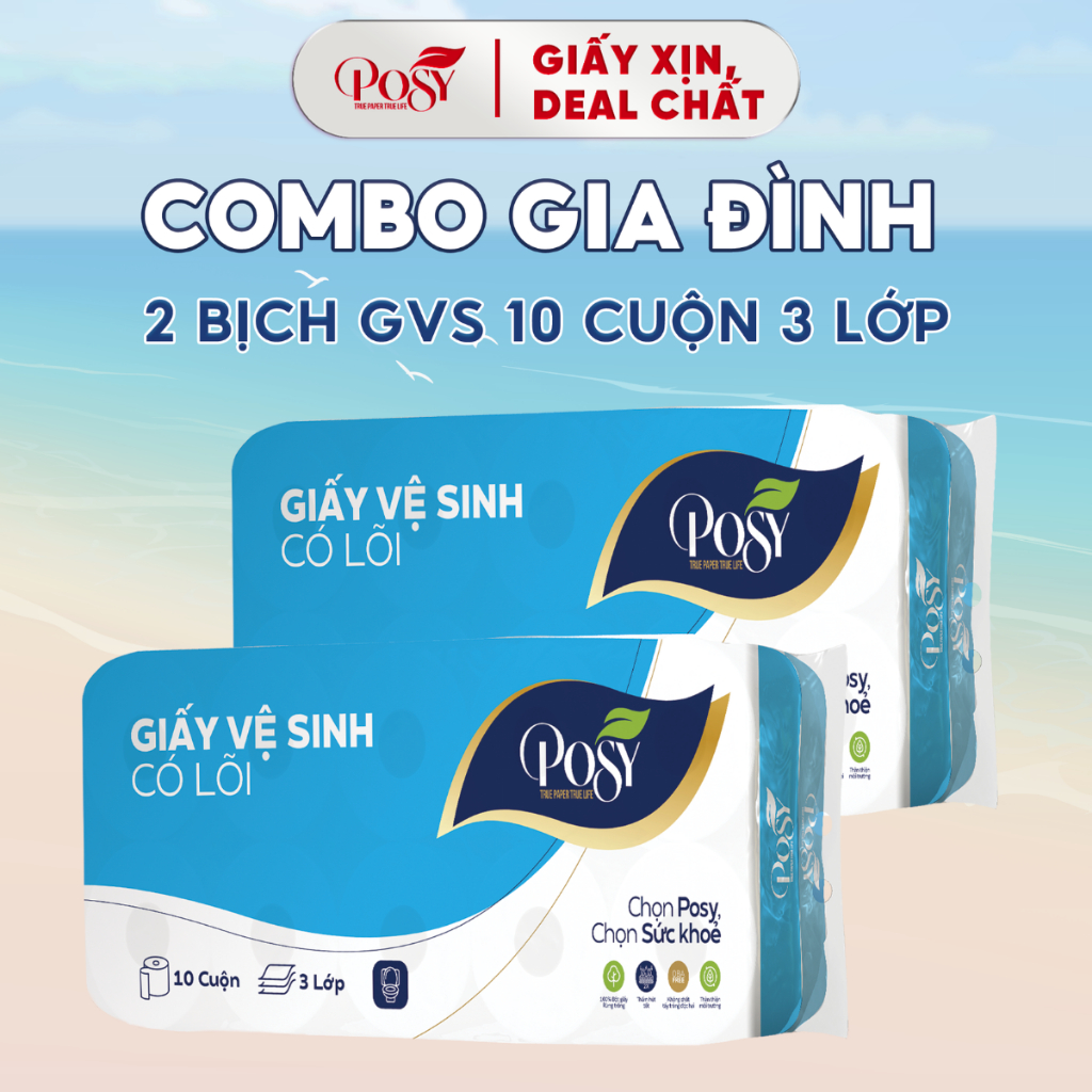 Combo 2 bịch giấy vệ sinh Posy 10 cuộn 3 lớp, Có lõi và không lõi, mềm mịn dai và dễ tan trong nước