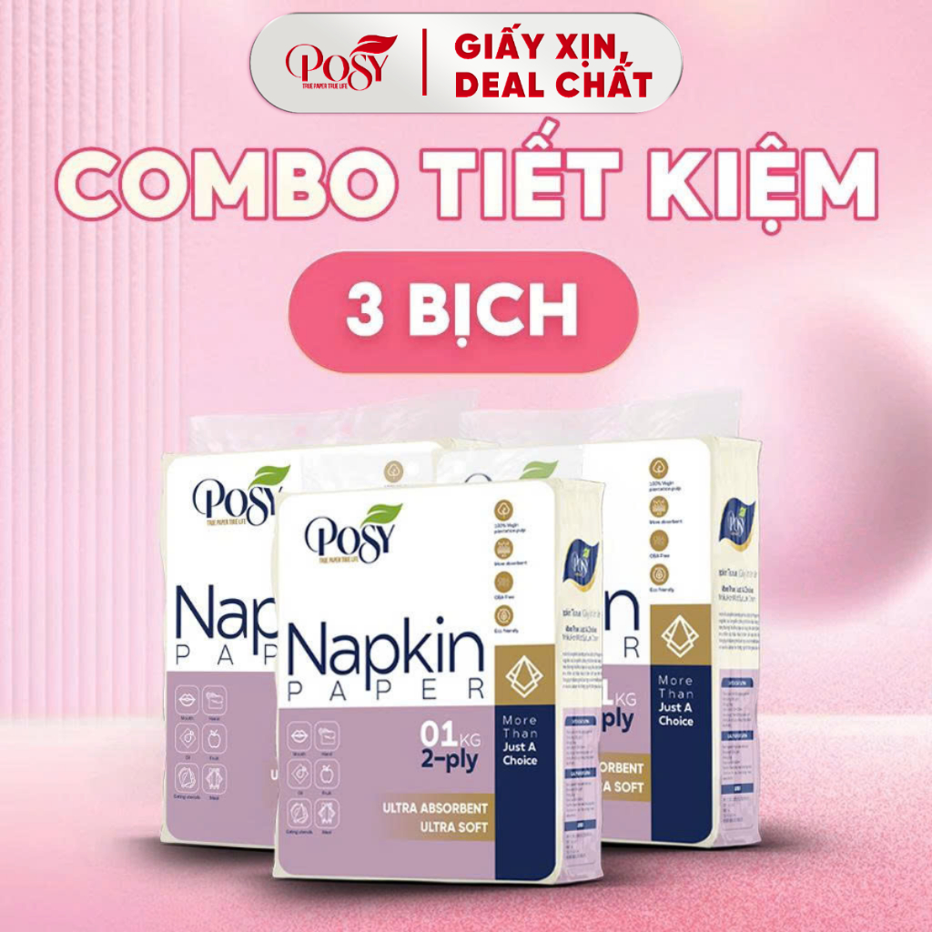 POSY - COMBO 3 BỊCH 3KG Giấy ăn vuông Posy 1kg 2 lớp kt 240x230 mm tiết kiệm, từ bột giấy tự nhiên c
