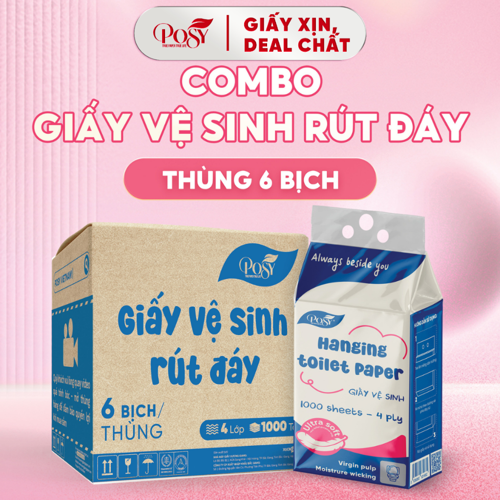 [GIÁ DÙNG THỬ] Thùng 6 bịch giấy vệ sinh rút đáy POSY 1000 tờ 4 lớp dập vân 4D mềm mại, êm ái, dễ ta