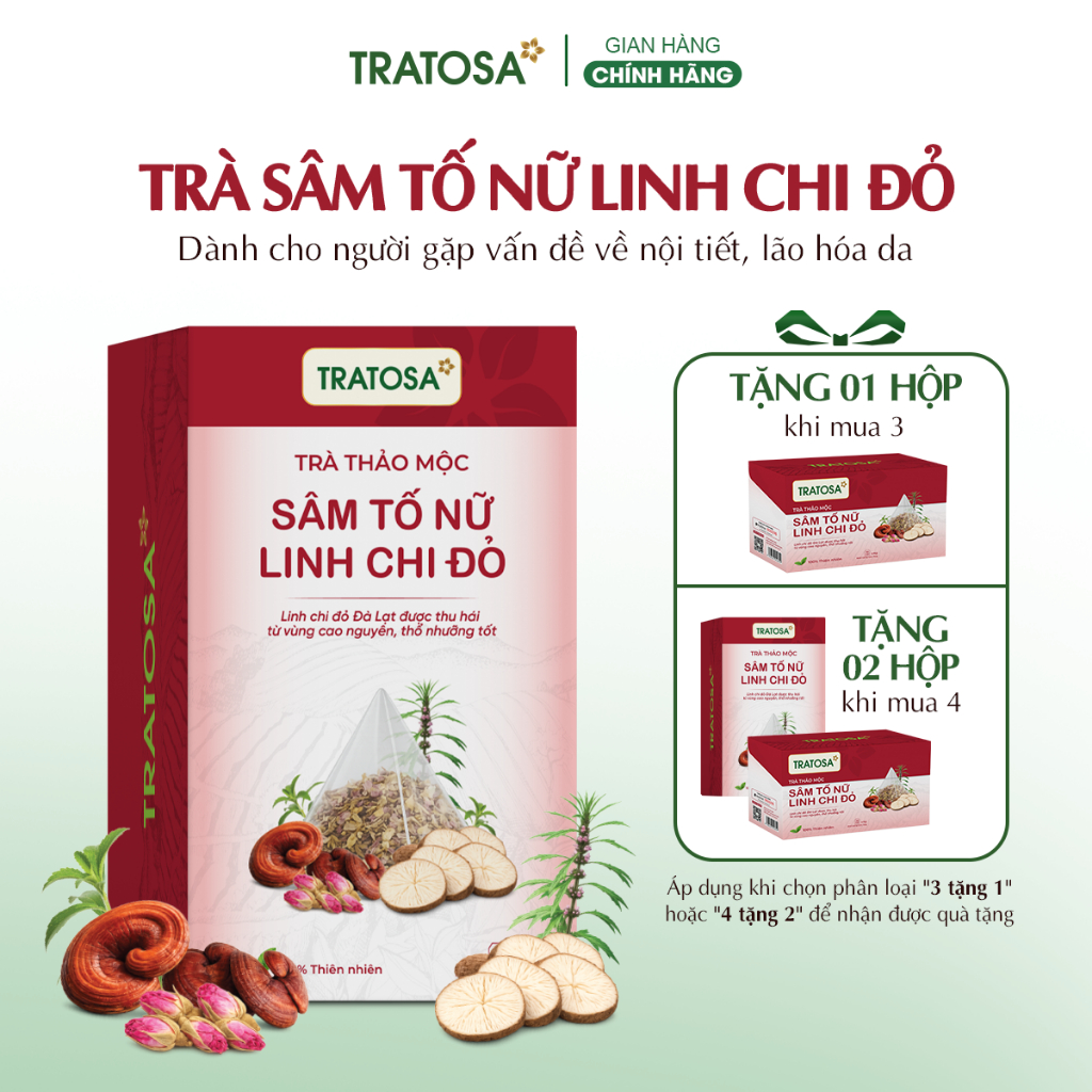 Trà sâm tố nữ linh chi đỏ Đà Lạt TRATOSA 8 vị tốt cho nội tiết tố, làm đẹp an toàn và lành tính