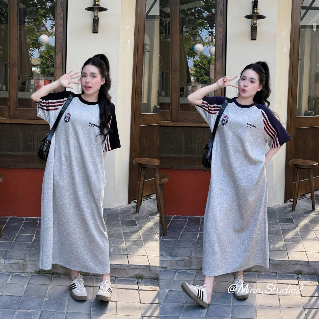 [Minn.studio] Váy Suông Umi Thêu Huy Hiệu Tay Sọc Dáng Dài