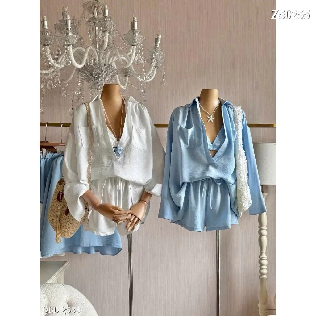 Set Đồ Đi Biển Nữ 3 Món Áo Khoác Mỏng Mix Áo 2 Dây CÓ MÚT NGỰC Phối Quần Short – Set Bikini Kín Đáo Đi Biển Sang Chảnh
