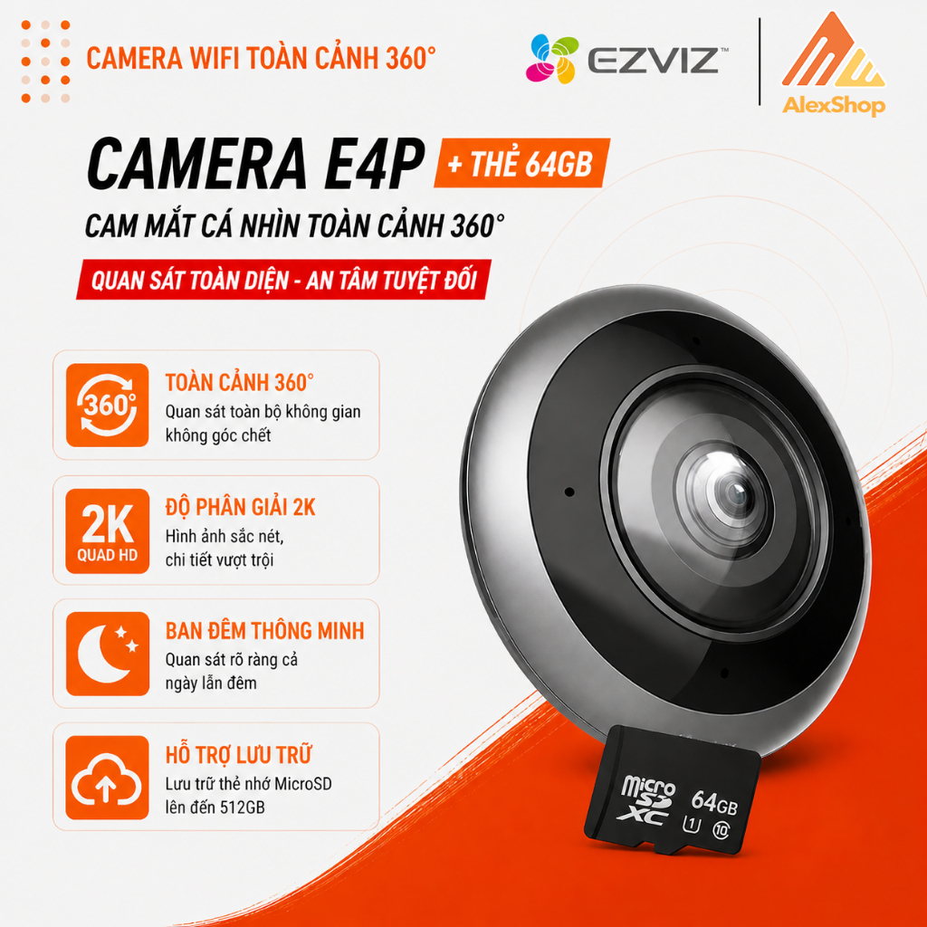 [COMBO-5M] Camera Ezviz E4P + Thè 64Gb, Cam Mắt Cá Nhìn Toàn Cảnh 360 Độ