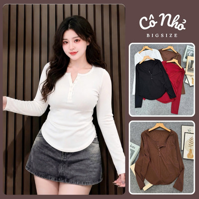Áo Thun Bigsize Nữ Áo Cổ Thuyền Đính Cúc Sàng Điệu Vải Gân Tăm Co Giãn Che Bụng A274+A330