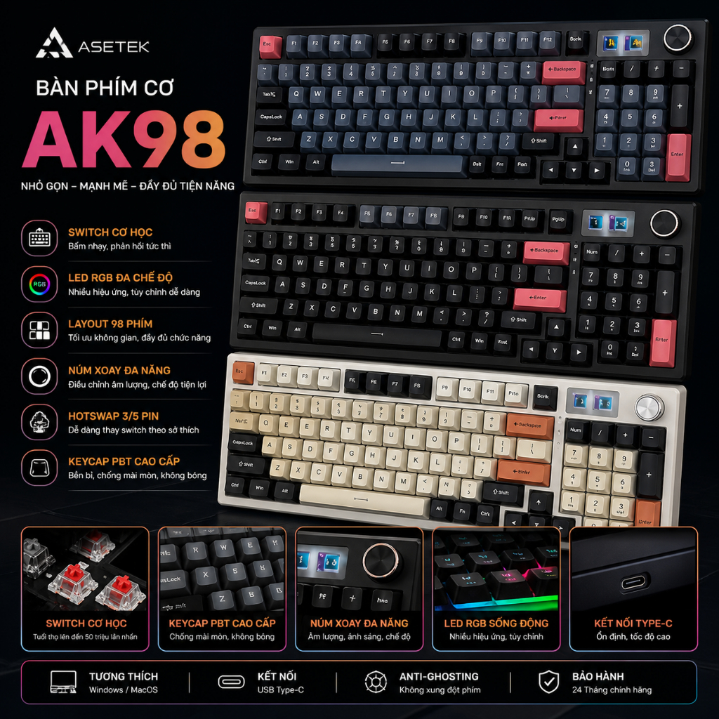 Bàn phím cơ Asestek AK98 98 phím nhỏ gọn, switch thay nóng cho gaming và văn phòng 🔥