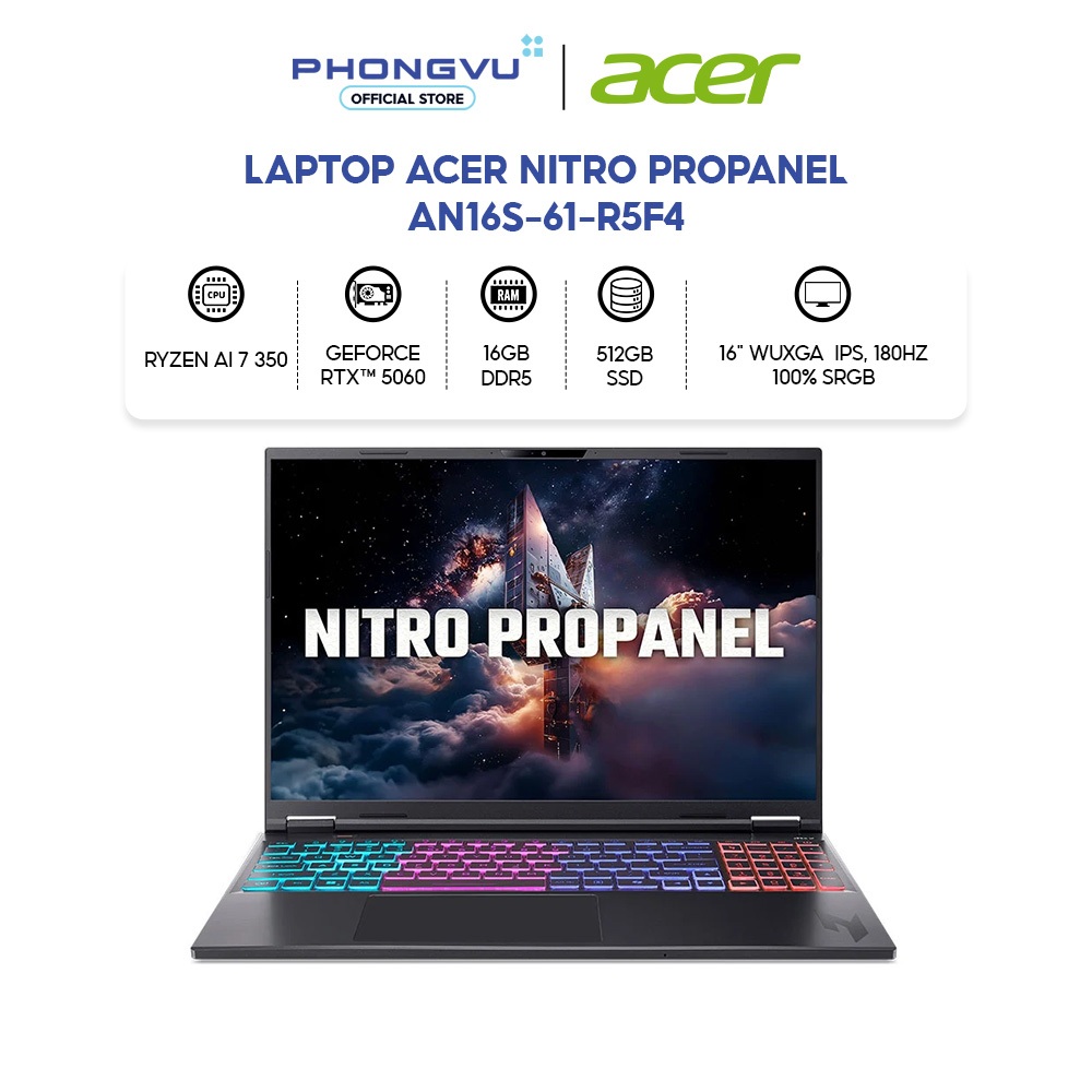 Laptop Gaming Acer Nitro ProPanel AN16S-61-R5F4 Ryzen AI 7 350 - RAM 16GB - 512GB SSD - RTX 5060 - B