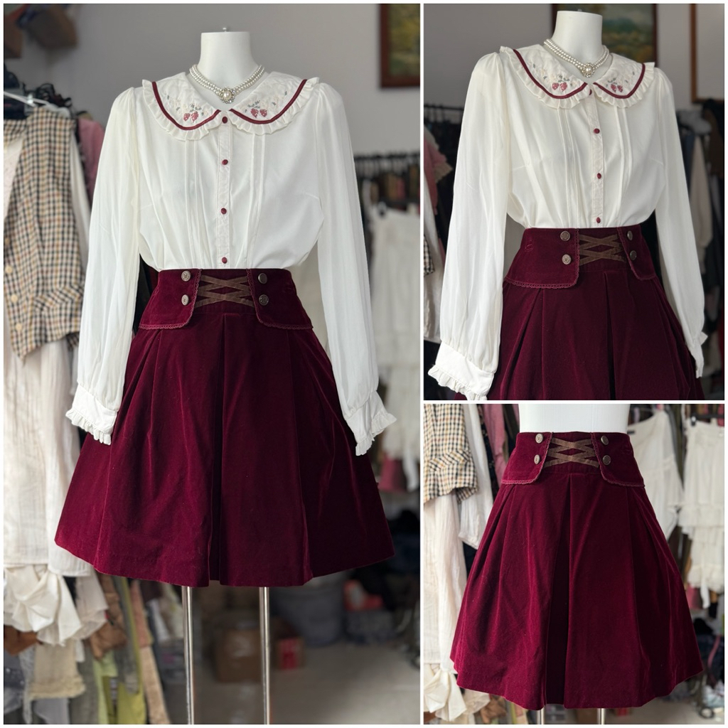 [2hand_thrift] Set tách: Áo sơ mi voan Axes M‼️mất 1 cúc áo, chân váy nhung thô Axes M‼️lỗi thủng