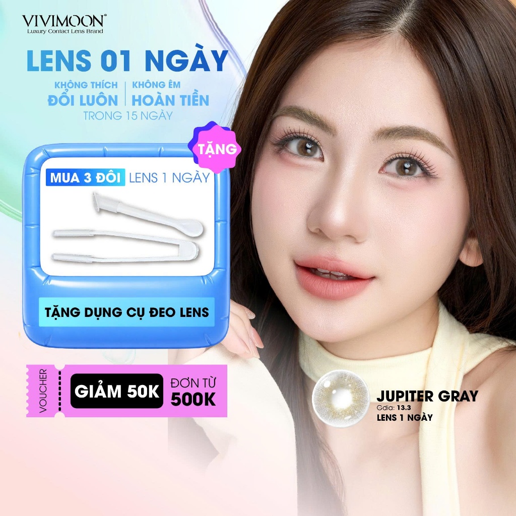 VIVIMOON lens cận 1 ngày Jupiter Gray, kính áp tròng khóa ẩm màu xám pha ánh vàng (Giá 1 chiếc, x2 đ