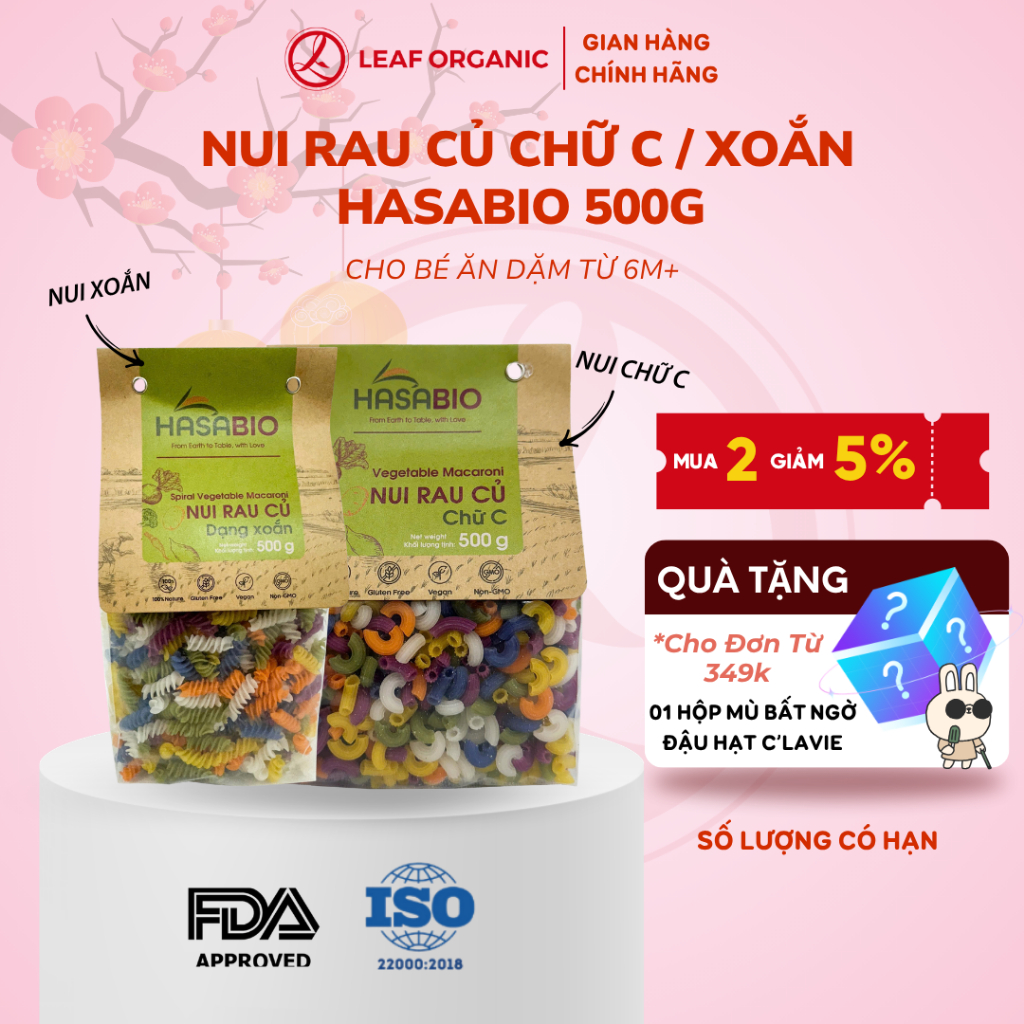 Nui rau củ Hasa Bio 500g (Gói) - Nui chữ C/Nui dạng xoắn