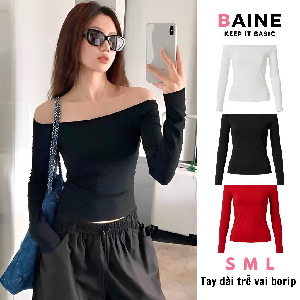 Áo Thun Nữ Ôm Body TAY DÀI TRỄ VAI BORIP Dáng Dài DD156, Áo Bẹt Vai Gợi Cảm Kiểu Trơn BAINE