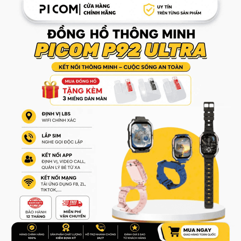 Đồng Hồ Thông Minh Cho Bé Picom P92 Ultra Lắp Sim Nghe Gọi Độc Lập Lướt Web Tích Hợp Camera Kép