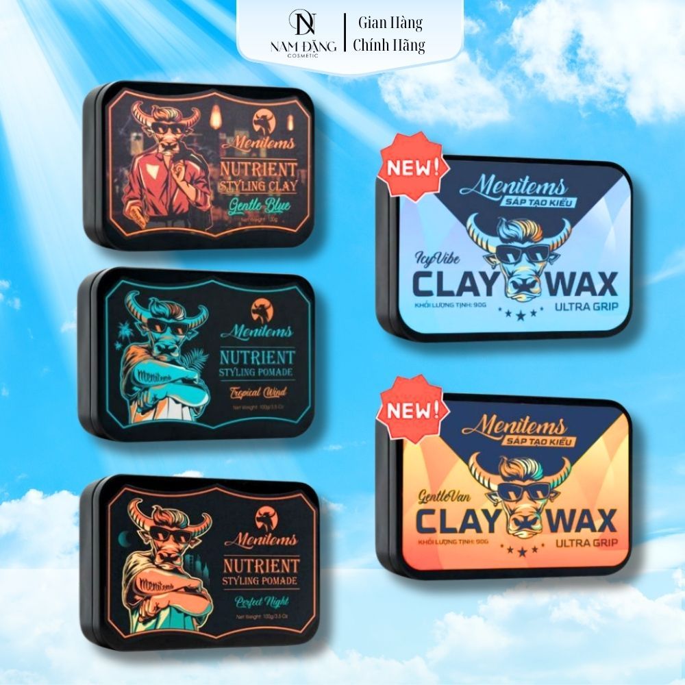 Sáp vuốt tóc Menitems Clay Wax Ultra Grip 90g, Perfect Night, Tropical Wind, Gentle Blue 50g-100g