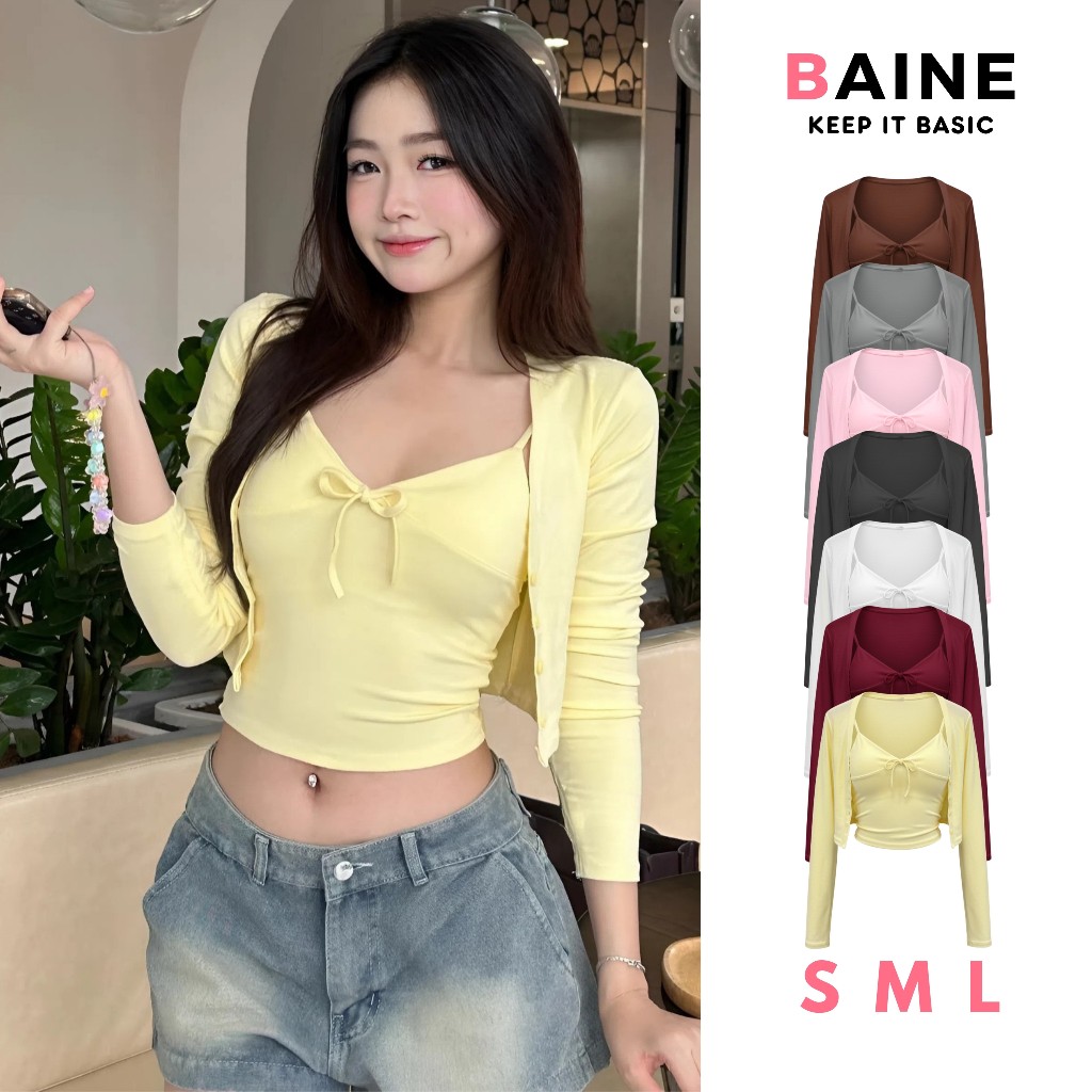 Set Cardigan Nữ Dáng Ngắn Chất Thun Borip Lụa Mix Áo Hai Dây Thắt Nơ Ôm Body BAINE - SET12