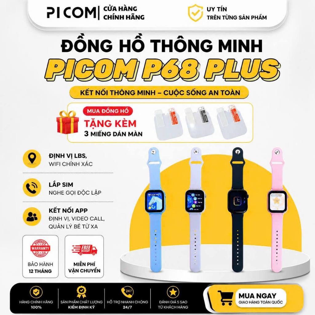 Đồng Hồ Thông Minh Picom P68 Plus Lắp Sim Nghe Gọi Độc Lập, Định Vị Chính Xác