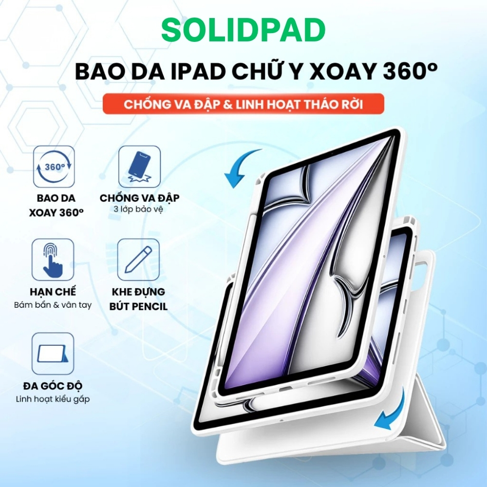 Bao Da iPad Chữ Y Tháo Rời XOAY Ngang Dọc,Chống Sốc 3 Lớp SOLIDPAD Đủ Dòng iPad Mini/Gen/Air/Pro P19
