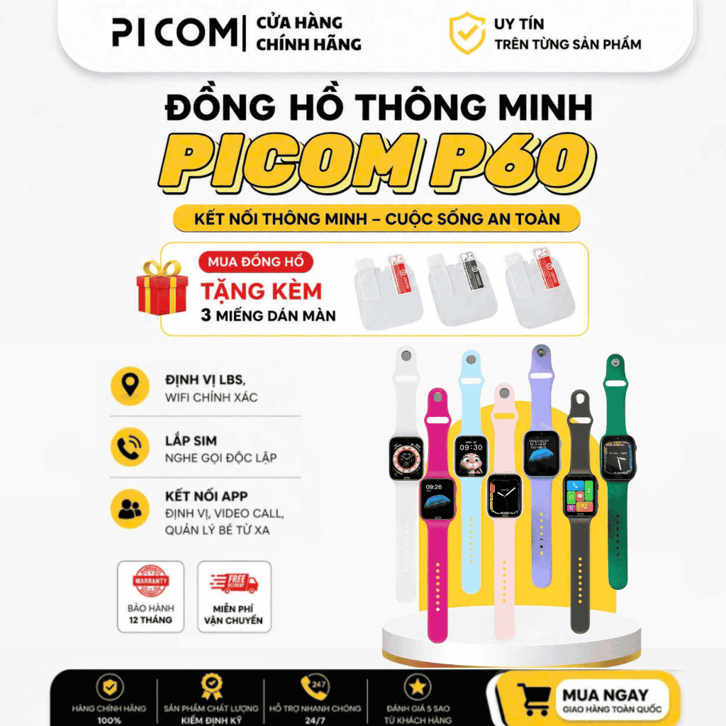 Đồng Hồ Thông Minh Picom P60 Định Vị Trẻ Em Lắp Sim Nghe Gọi Độc Lập Smartwatch