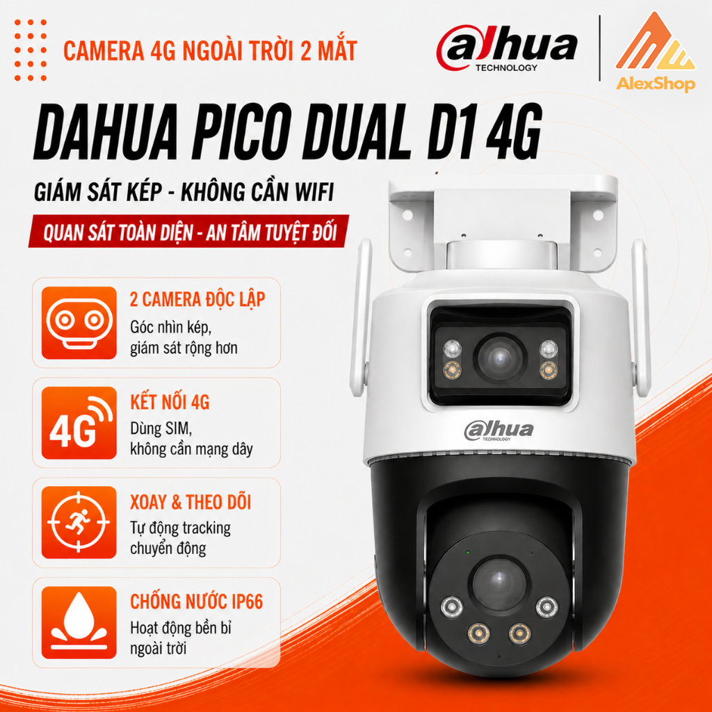 [3M+3M] Camera 2 Mắt Sim 4G DAHUA Picoo Dual D1 4G P3D-3F-PV-4G 2 Mắt Ngoài Trời