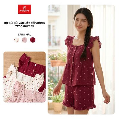 Bộ đồ nữ CARDINA chất liệu đũi vân mây cổ vuông tay cánh tiên và quần đùi 6BON05