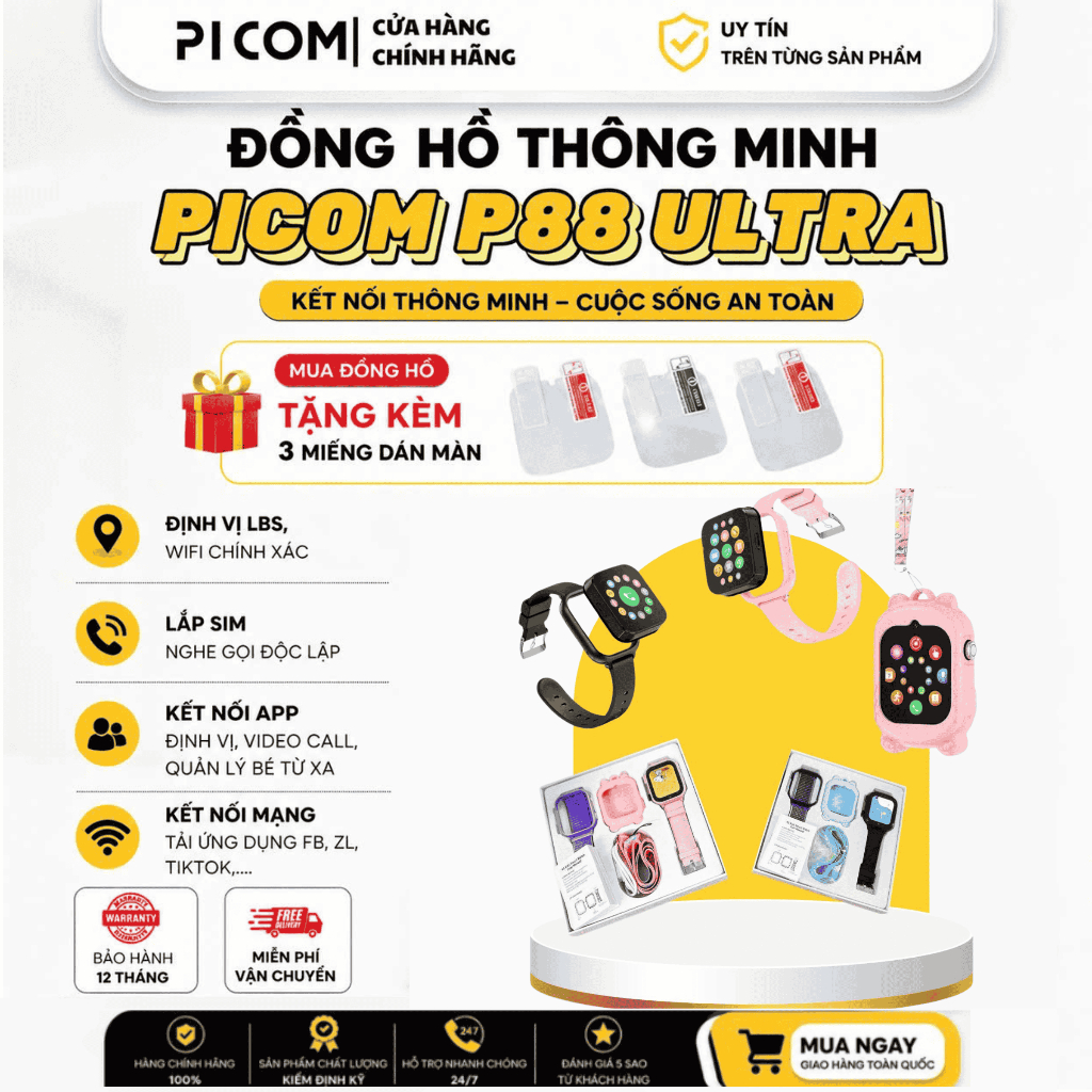 Đồng Hồ Thông Minh Trẻ Em Picom P88 Ultra Lắp Sim Nghe Gọi Video Định Vị GPS Nhắn Tin Tải App