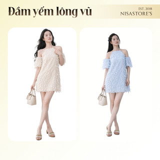 Đầm lông vũ cổ yếm tay phồng tua rua 2 màu siêu xinh