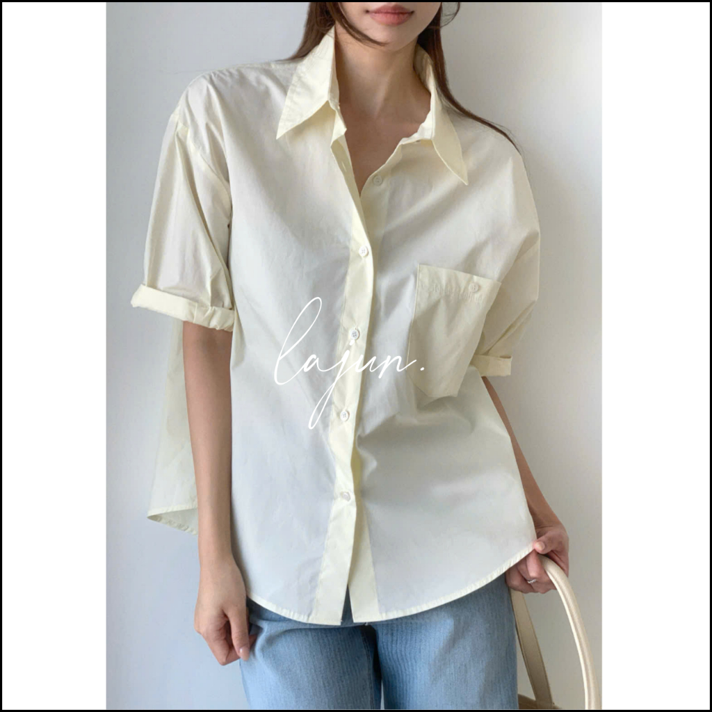 [LAJUN KOREA] Áo Sơ Mi Mary Túi Trước Tay Ngắn Gấp Lai Sẵn Chất Cotton Dày Dặn Form Suông Thoải Mái