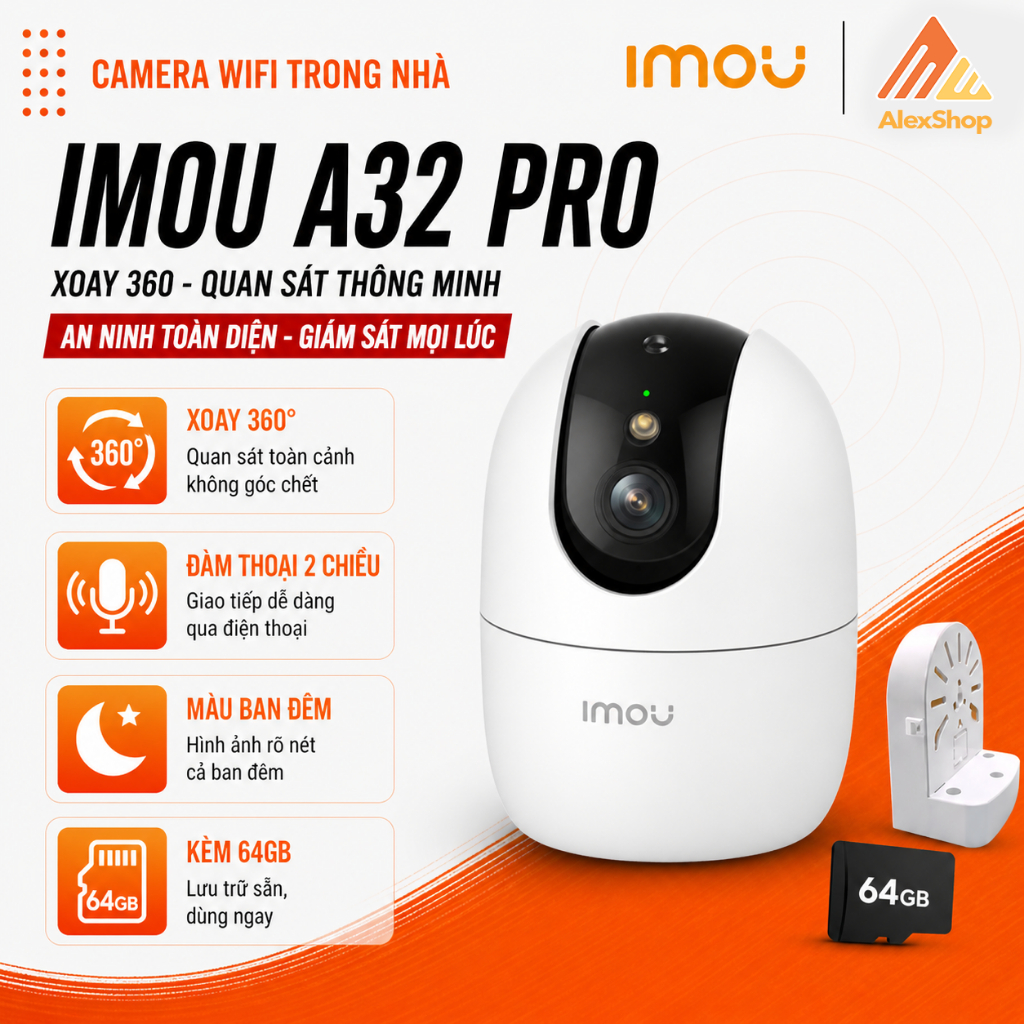 [COMBO-3M] CB Imou A32 Pro Kèm Thẻ 64gb, Chân đế L, Trong Nhà, Màu Ban Đêm IPC-A32P-PRO