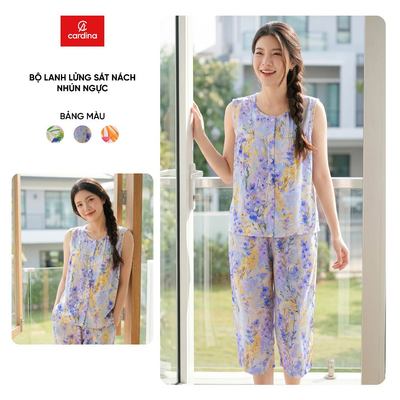 Bộ đồ mặc nhà nữ CARDINA chất liệu lanh áo sát nách nhúm ngực và quần lửng 6BLL02