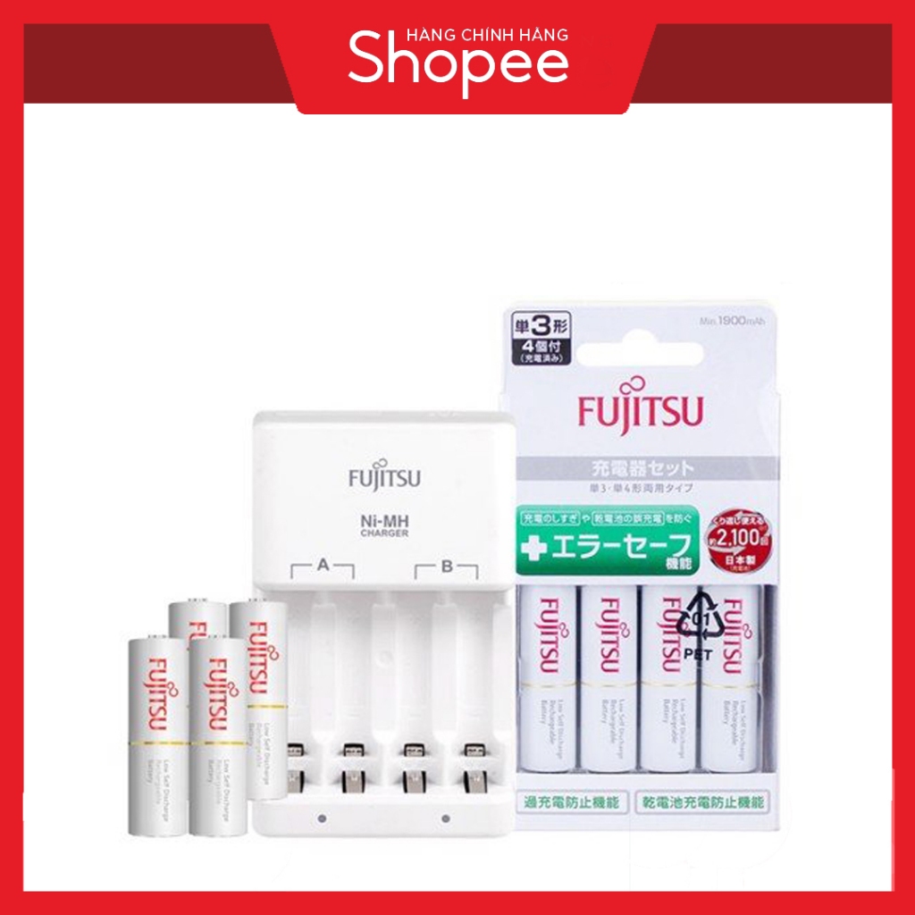 Bộ Pin và Sạc AA FUJITSU 1900mAh Made in Japan l Dock Sạc Nhanh Pin AA  made in JAPAN (trắng)