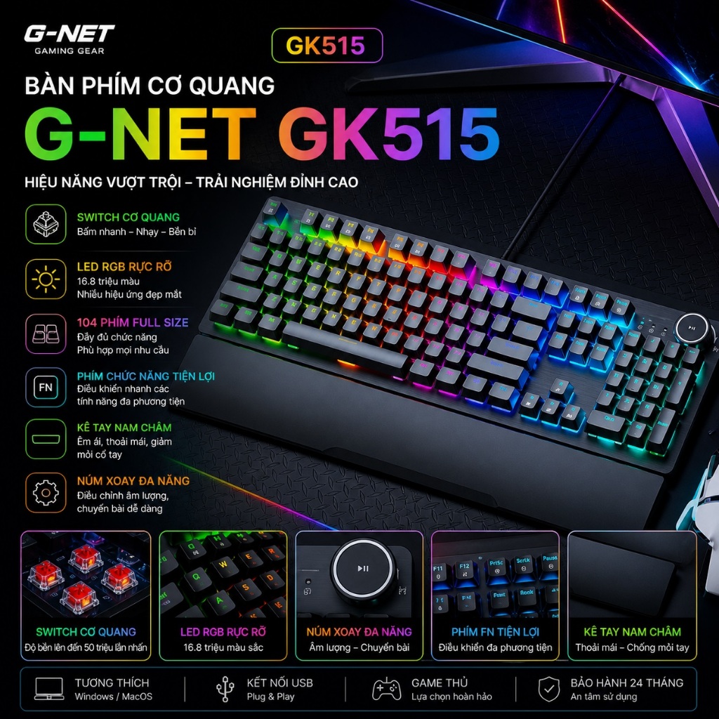Bàn phím cơ quang G-NET GK515 led rainbow, núm chỉnh âm lượng cực tiện cho gaming 🔥