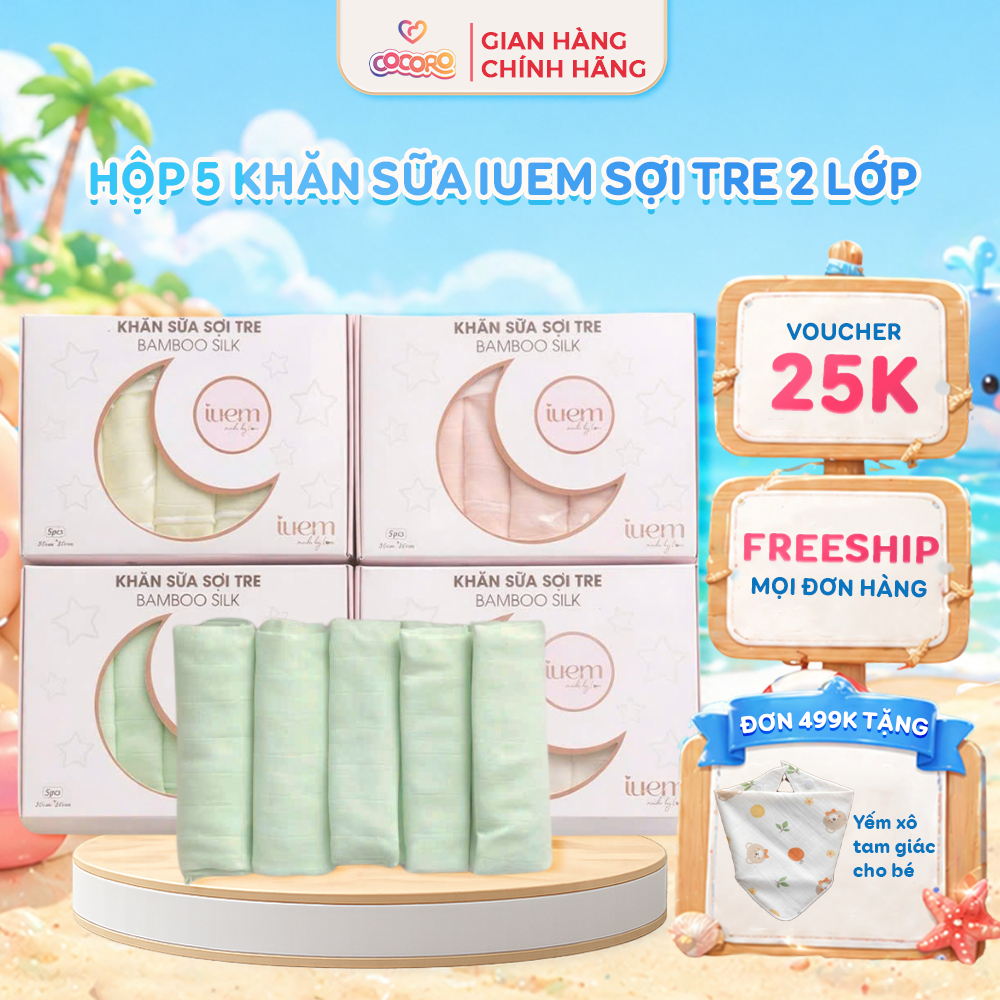 [2 Lớp] Hộp 5 Khăn Sữa Sợi Tre Iuem 2 Lớp Cho Bé - Thấm Hút Tốt, Mềm Mại, An Toàn Cho Bé - Cocoro Ba