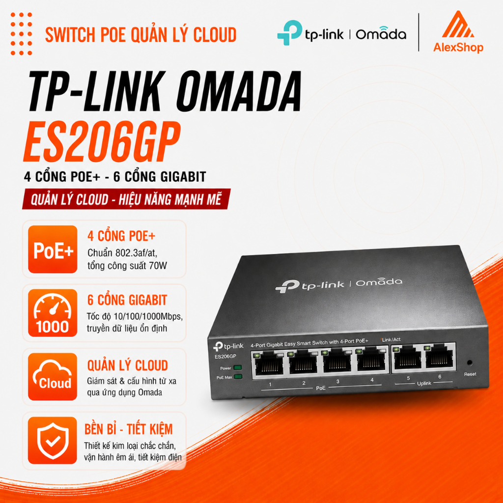 Switch TP-Link Omada ES206GP | 4 Cổng PoE+ 6 Cổng Gigabit Quản Lý Cloud
