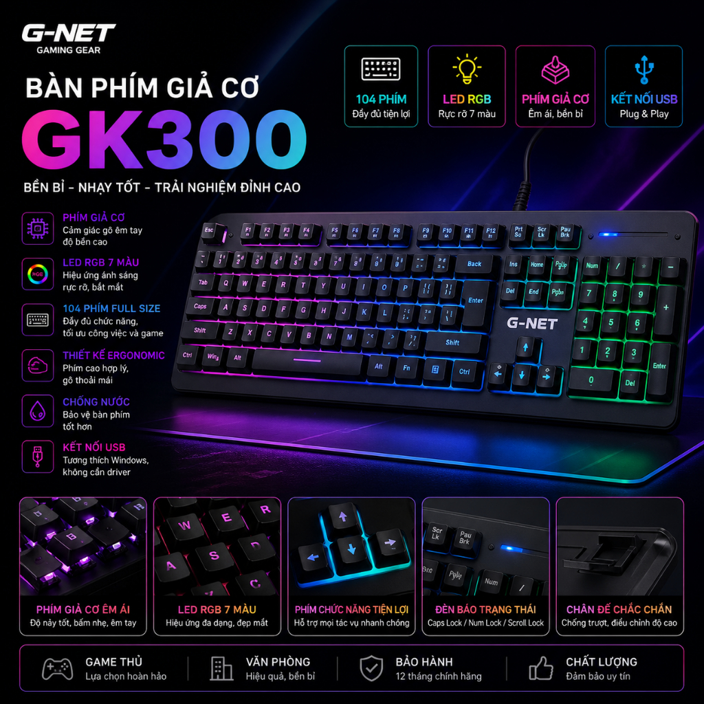 Bàn phím giả cơ G-NET GK300 RGB cao cấp, led đẹp và gõ cực ổn cho gaming & văn phòng 🔥