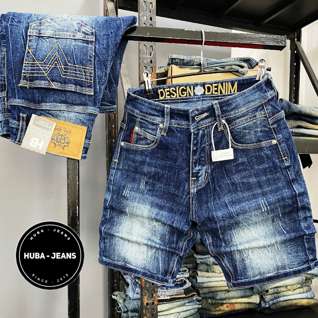 Quần short jean nam wash XANH ĐẬM cao cấp HUBA-JEANS - Pants, Menswear Có Túi Denim Denim