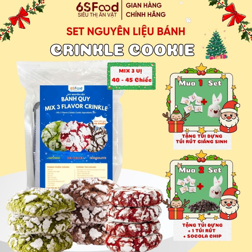 Set nguyên liệu bánh quy cookie Crinkle, cookie tặng 8/3 3 Vị Red Velvet, Cacao, Matcha - 6 SFOOD