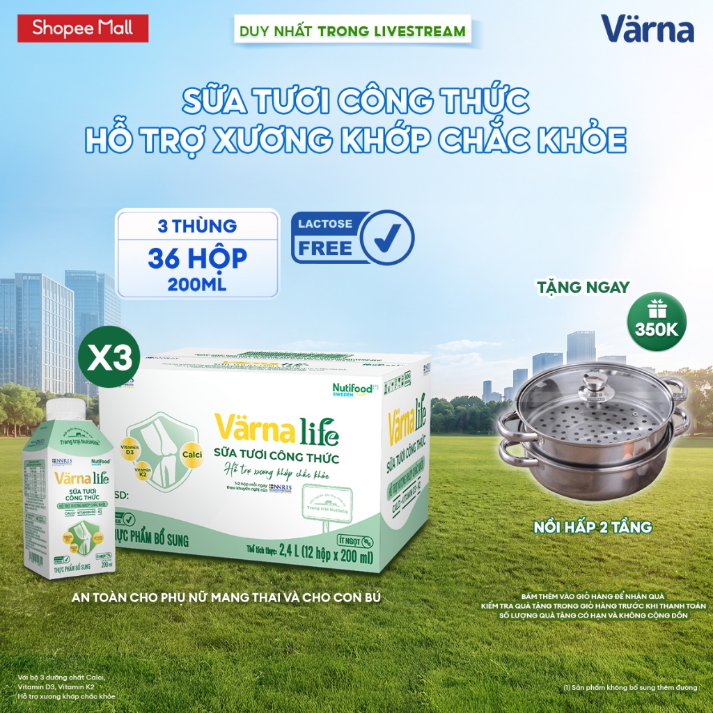 [LIVESTREAM PEWPEW] Combo 3 Thùng 12 hộp Varna Life sữa tươi công thức (36 hộp giấy x 200ml)
